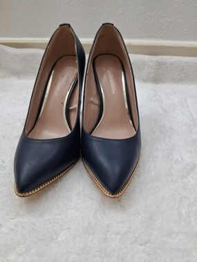 BCBGeneration Navy Pointed Toe Pumps with Gold Chain Trim